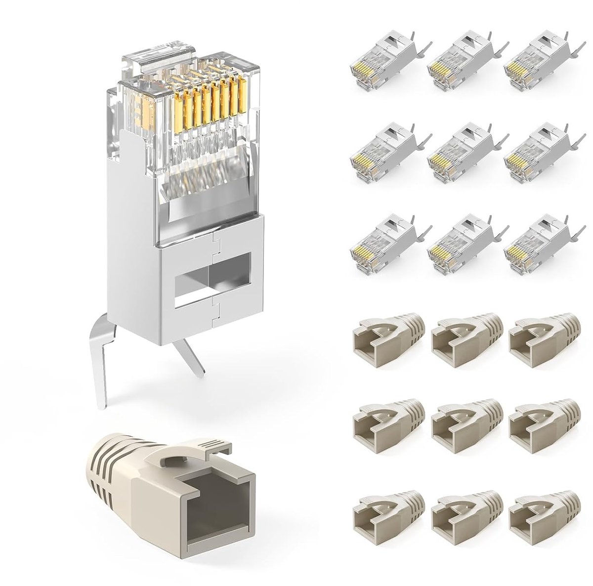 RJ45 Male Cat 7 en Cat6A Netwerkplug - Pass Through Connector voor Kabelinstallatie - 10 Stuks met Scherming en Kinkguard