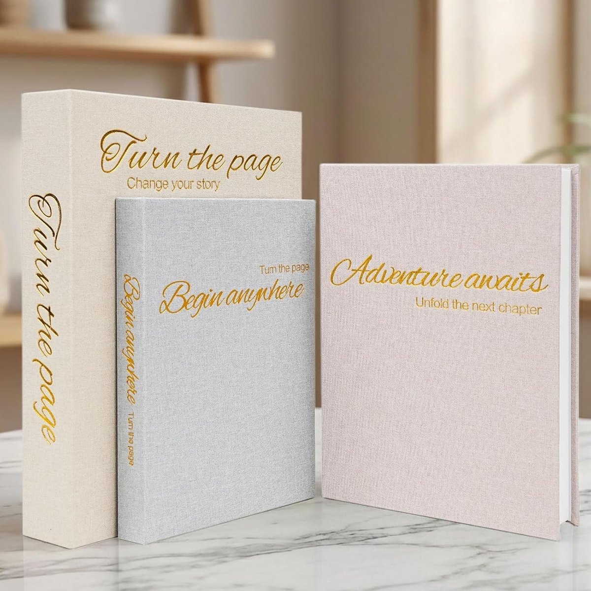 Set van 3 Decoratieve Opbergdozen voor Boeken, Vintage Foto Boxen voor Koffietafel en Boekenplank, Blauggrijs Linnen Design