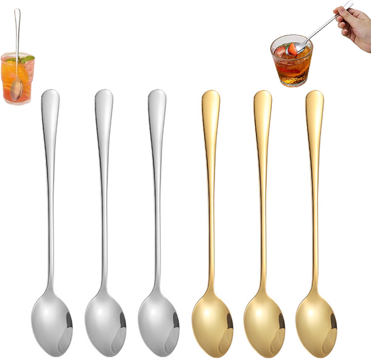 6 stuks - Lepels rvs - Lange roer lepels - Lange dessertlepel - Zilver + Goud - 19,5 cm - voor hoge glazen, cocktail, ijsdessert, milkshake en koude dranken