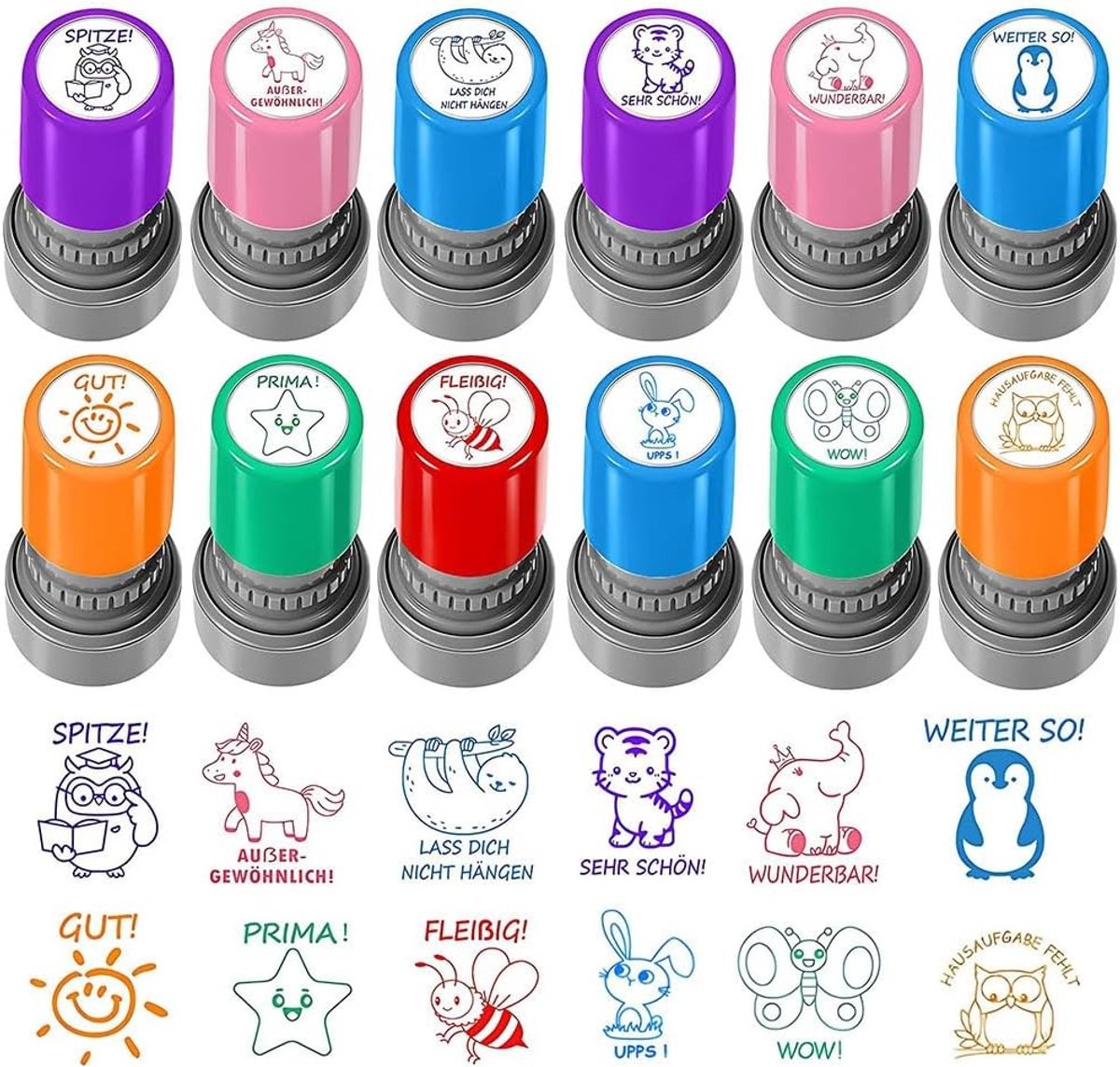 12 Stuks Zelfkleurende Stempels voor Leraren, Beloningsstempels voor Studenten, Huiswerkstempels met Cartoon Dieren en Motivatie voor Kinderen