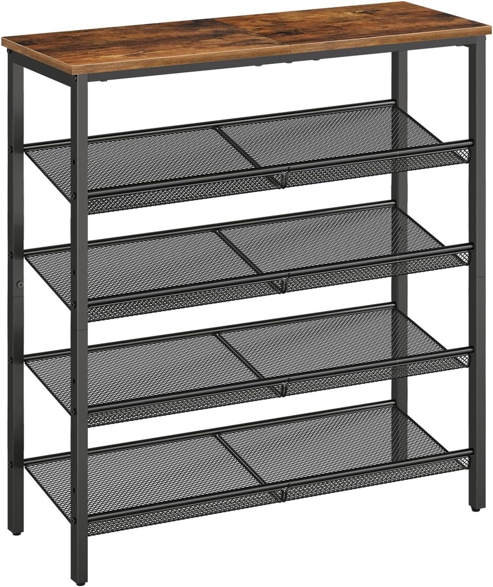 5-verdiepingen schoenenrek met verstelbare metalen grid, ruime bovenkant voor 16-20 paar schoenen, vintage bruin-zwart voor entree en gang