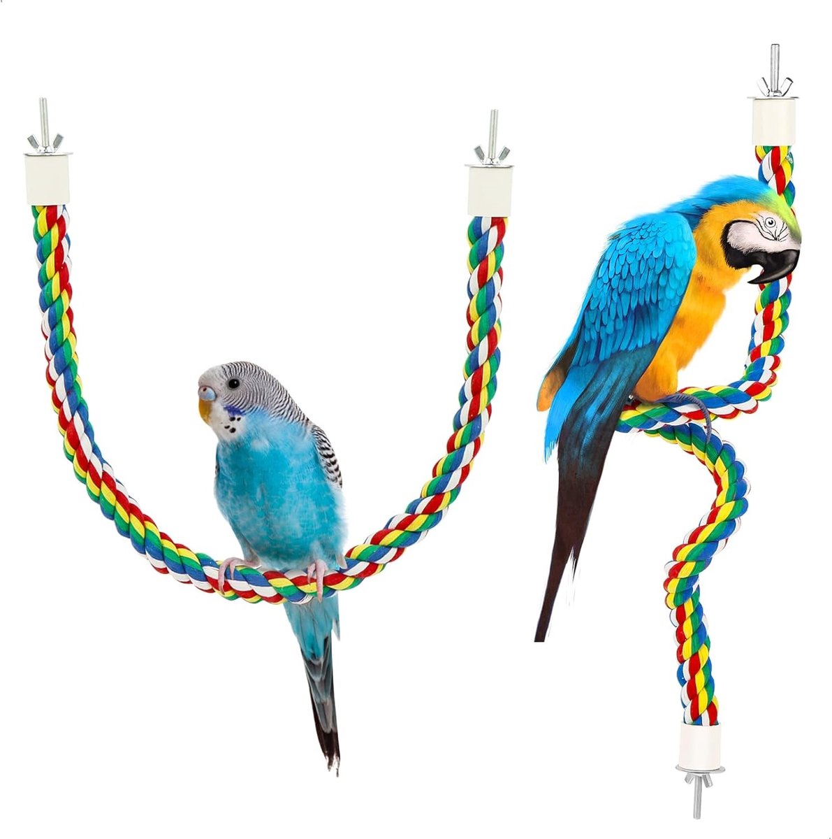 Kleurige speeltjes van katoen voor kleine en middelgrote vogels zoals parkieten, conures en inseparable vogels - 2-delige set