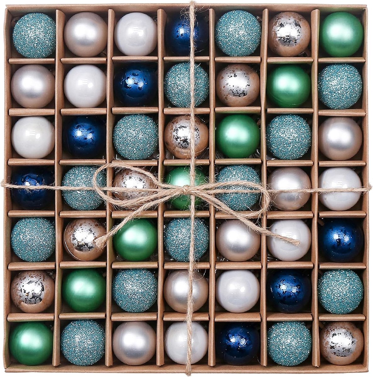 49-delige kerstballen set van 3 cm, schokbestendig in blauw, groen en zilver, versiering voor de kerstboom met matte en glanzende sequins, inclusief kraftkartonnen verpakking