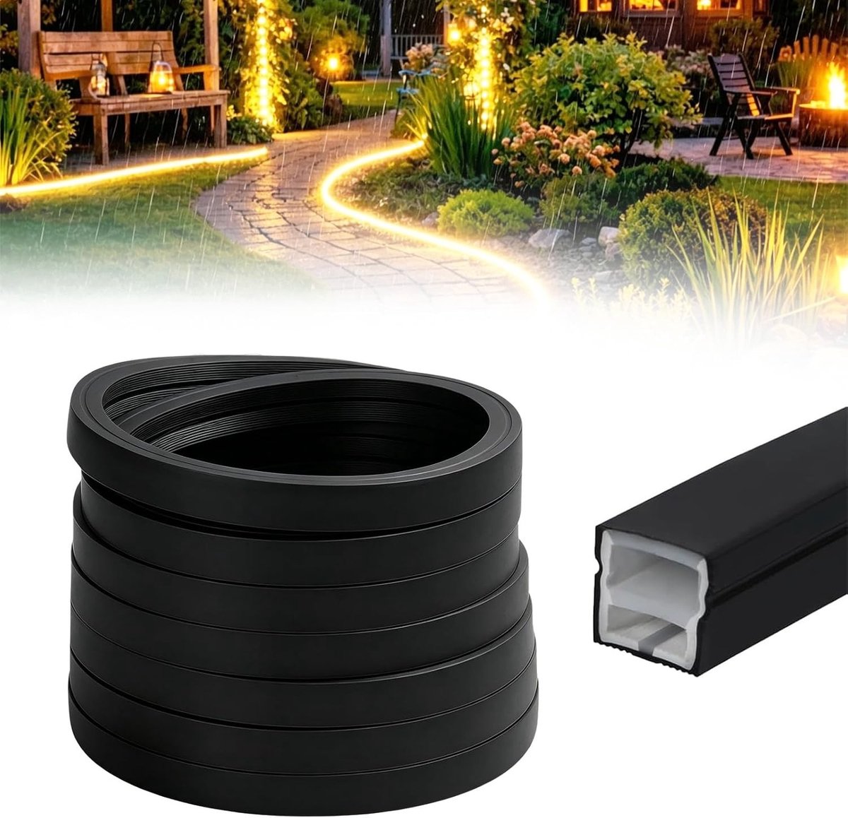 Flexibel silicone profiel voor LED strips, 12 x 12 mm, waterdicht, diffuser voor gelijkmatige lichtverdeling en neon effect