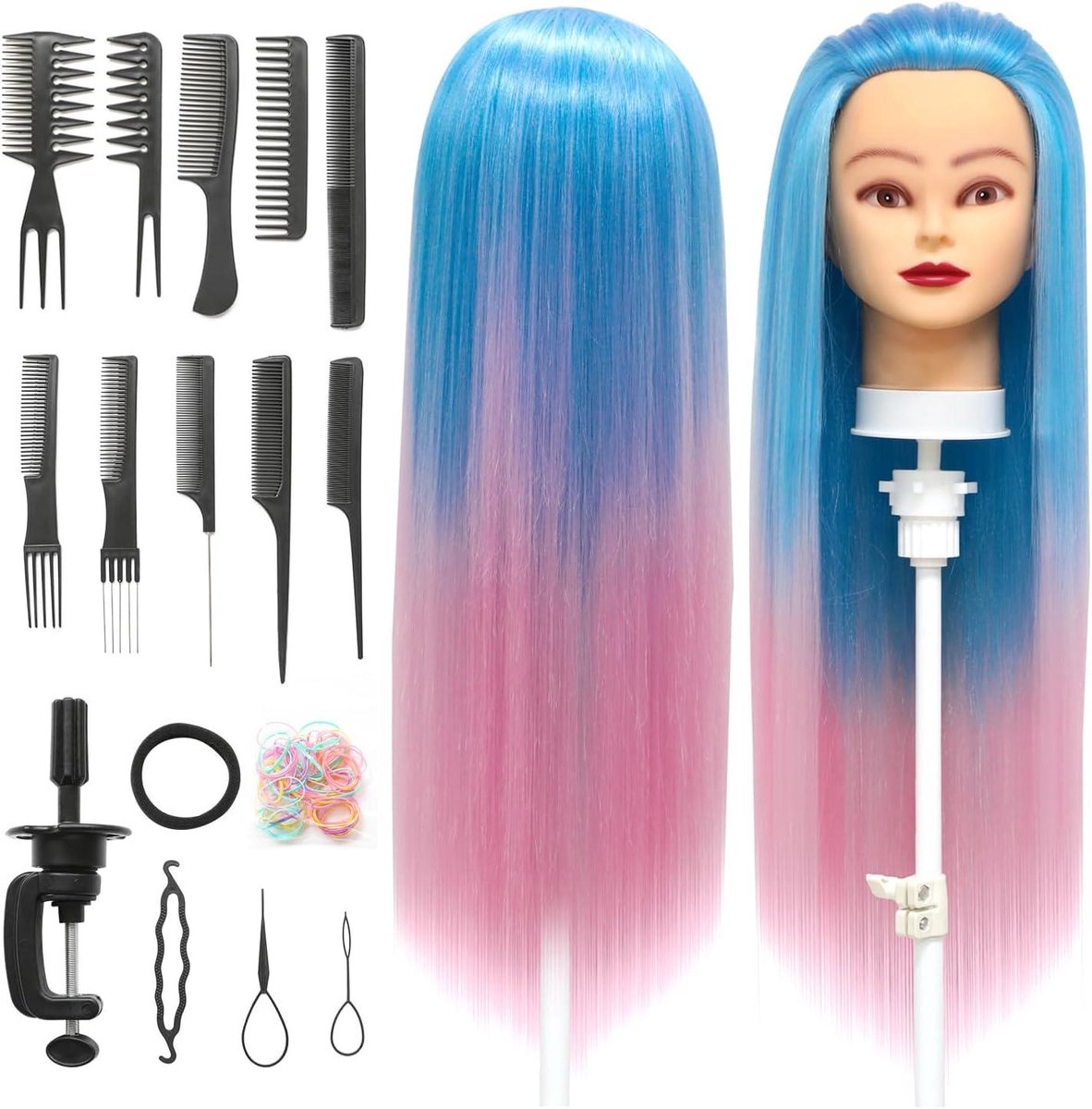Trainingshoofd Synthetisch - Kappershoofd Oefenmodel - Haar Styling Oefenen - Inclusief Klem Vlechten - 28 Inch - Bonen Groen Roze