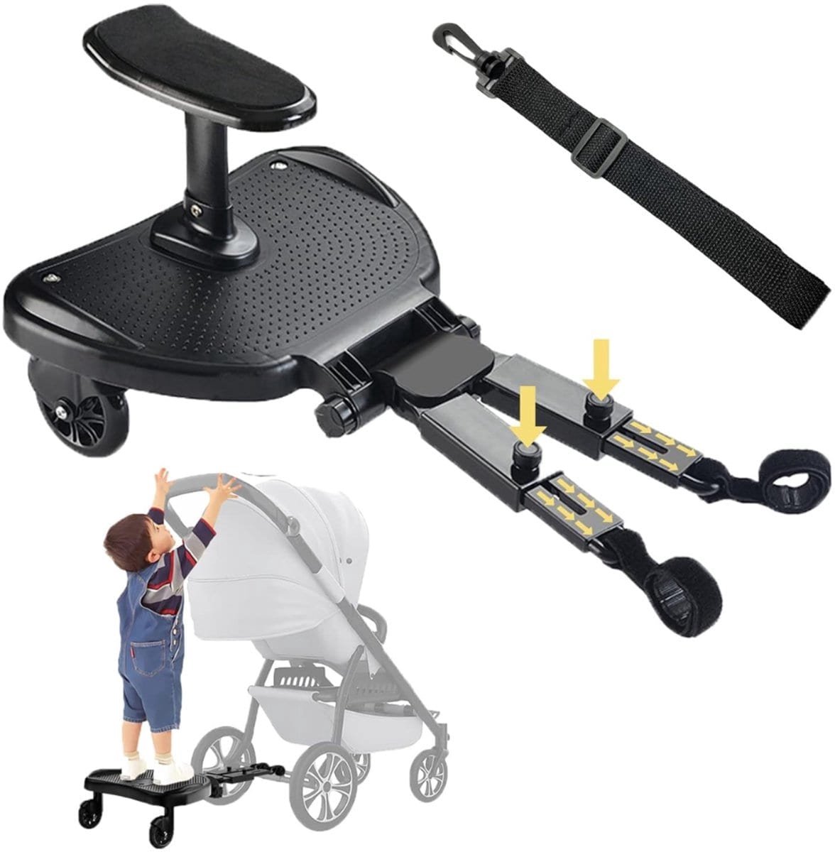 Klarven® Meerijdplankje Zwart - Universeel voor Buggy en Kinderwagen - Draagkracht tot 25 kg, Geschikt voor 2 tot 6 Jaar - B 48 x D 29 x H 13 cm