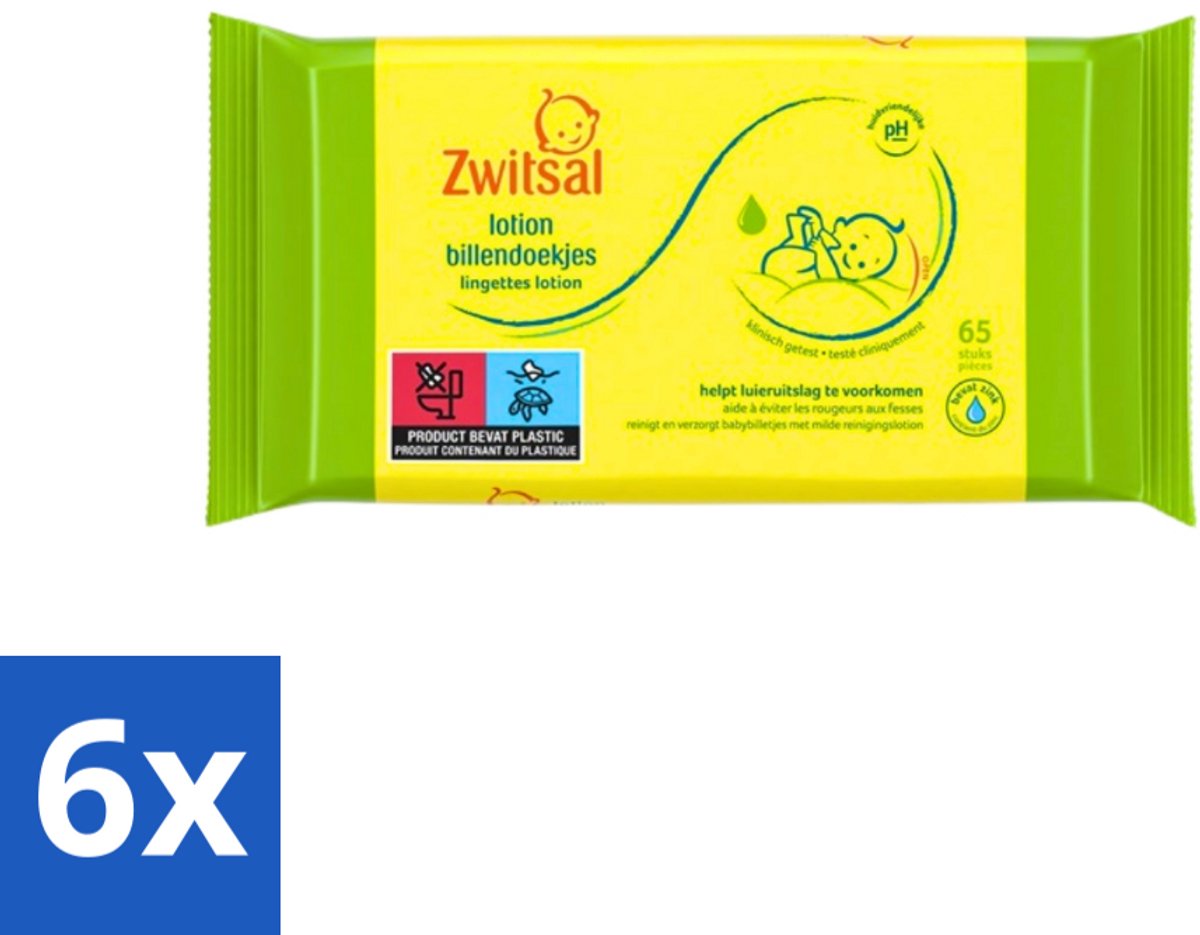 6 x Zwitsal - Babyverzorging - Billendoekjes Lotion - Voor de Gevoelige Babyhuid - 65 Doekjes - Babybillendoekjes - Billendoekjes Lotion - Luieruitslag - Babyhuid - Zachte Billendoekjes