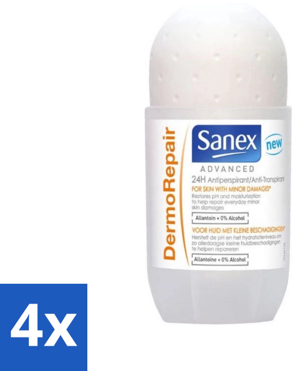 4 x Sanex Advanced - Dermo Repair - Deodorant Roller - 24h Anti-Transpirant - 0% Alcohol - 50 ml - 24 Uur Deodorant - Anti-transpirant - Huidherstellende Deodorant - Sanex Advanced Dermo Repair - Deodorant Roller