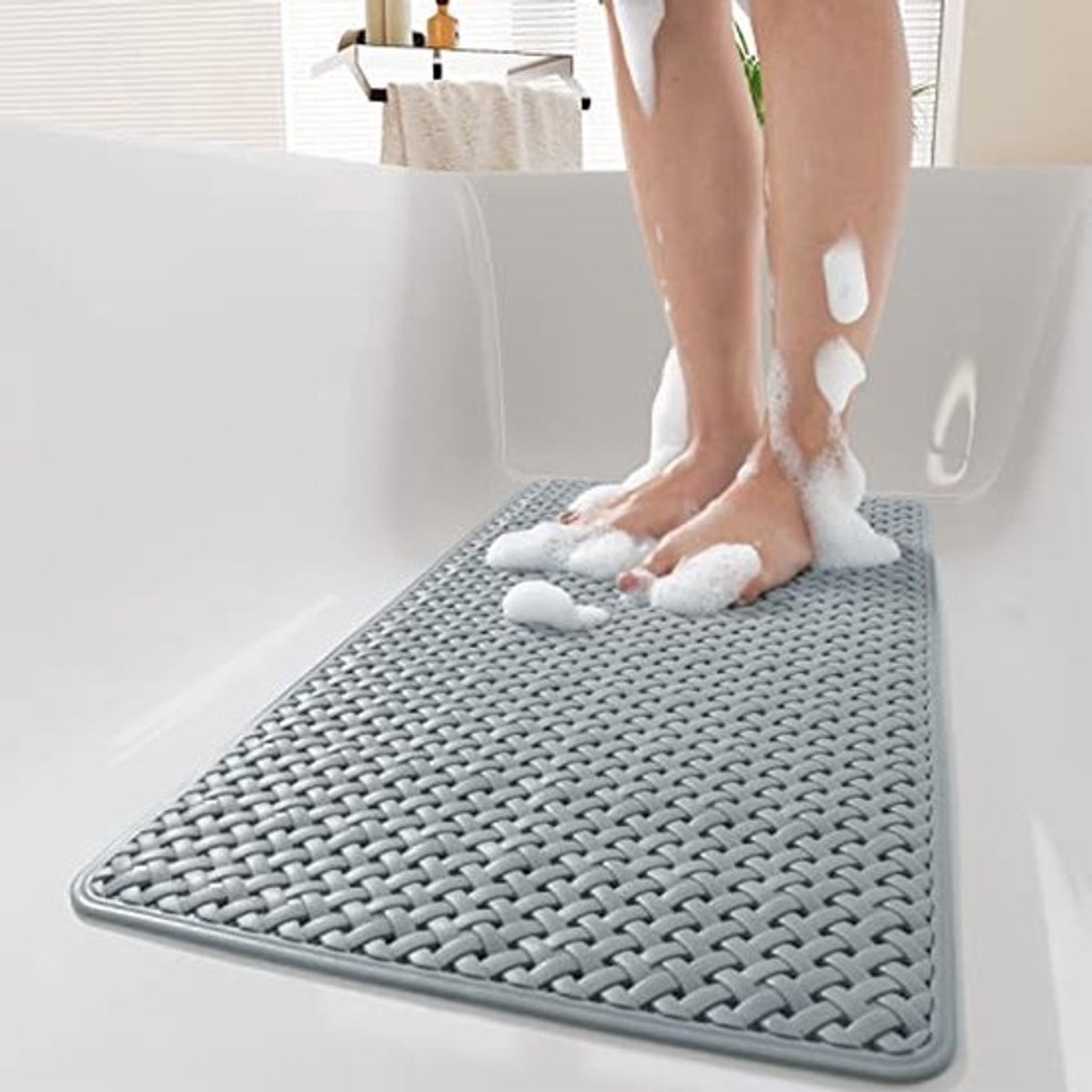 Extra Lange Badmat 100x40 cm - Antislip met Zuignappen en Afvoergaten, Wasbaar in de Machine, Badmat voor Bad en Douche - Grijs