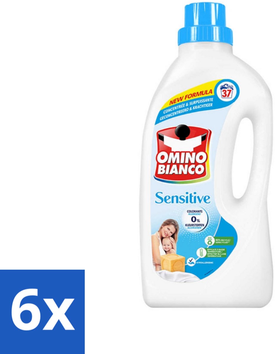6 x Omino Bianco - Gevoelig - Wasmiddel - Witte & Gekleurde Was - 37 Wasbeurten - Wasmiddel - Gevoelige Huid - Hypoallergeen - Zonder Allergenen - Zonder Kleurstoffen