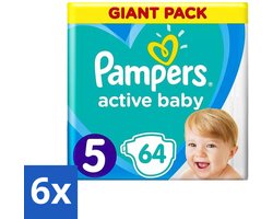 6 x Pampers - Active Baby - Luiers - Maat 5 (11-16 kg) - Zachte Pasvorm - 64 Luiers - Pampers Active Baby - Luiers Maat 5 - Babyluiers - Zachte Pasvorm - Luchtdoorlatende Luiers
