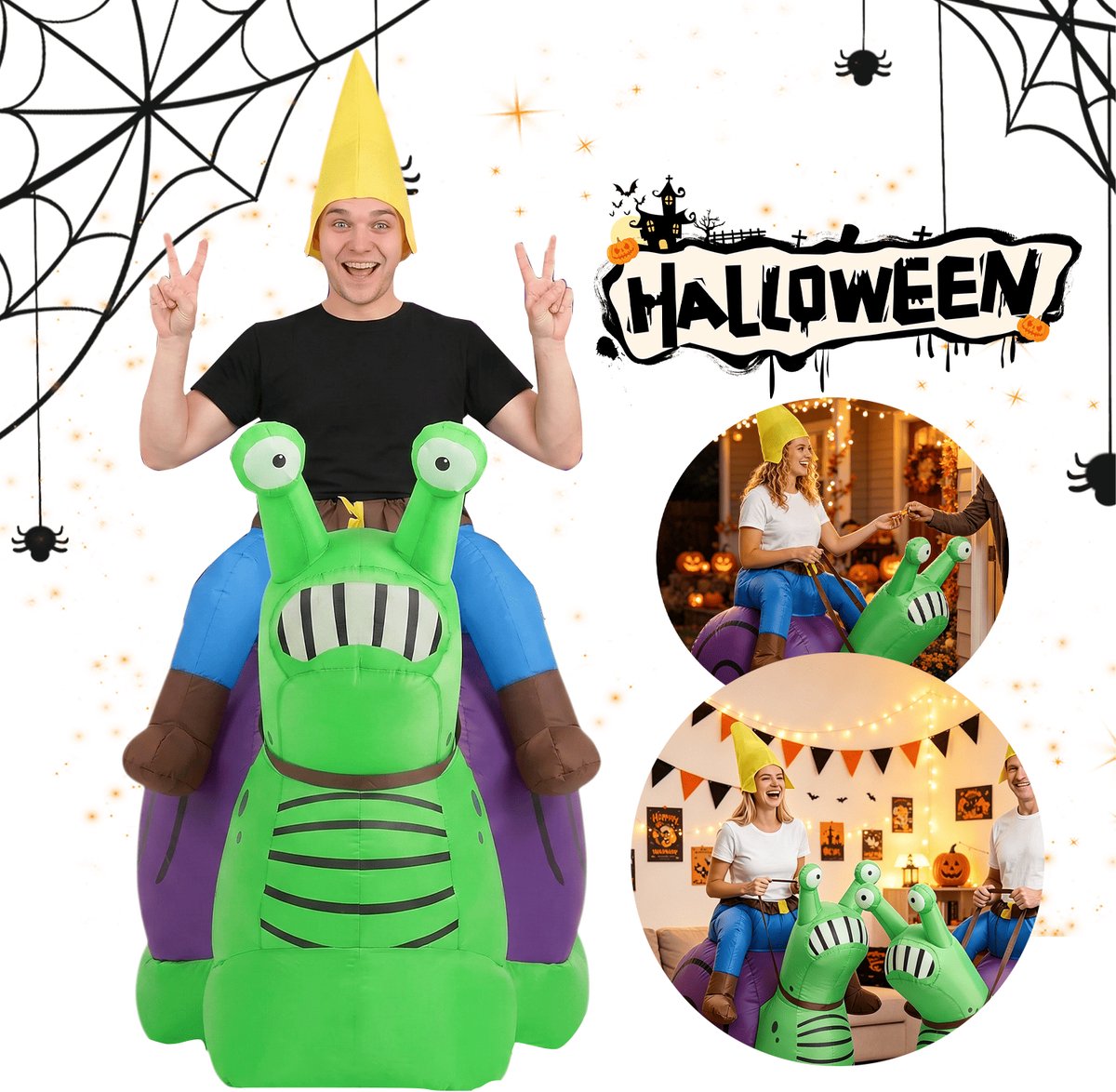 Opblaas Kostuum Zittend Op Slak - Opblaasbaar Pak Voor Volwassenen - Slakkenpak Mascotte Opblaaspak - Trekkoord Taille - 150-190 cm - Veelzijdig Feestpak - Voor Halloween & Themafeesten & Carnaval & Cosplay - Dames & Heren