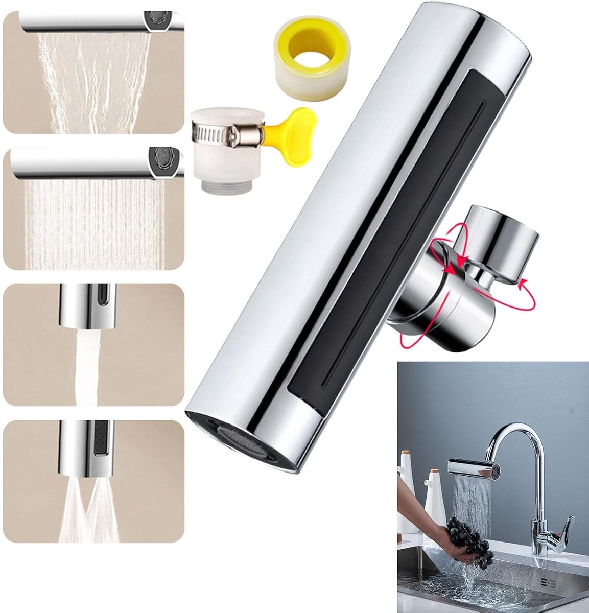 360° Rotatable Kraan Aerator met Pull-Out Sprayer - Universele Waterbesparende Tapkop met Filter en Spuitfunctie voor Keuken en Badkamer