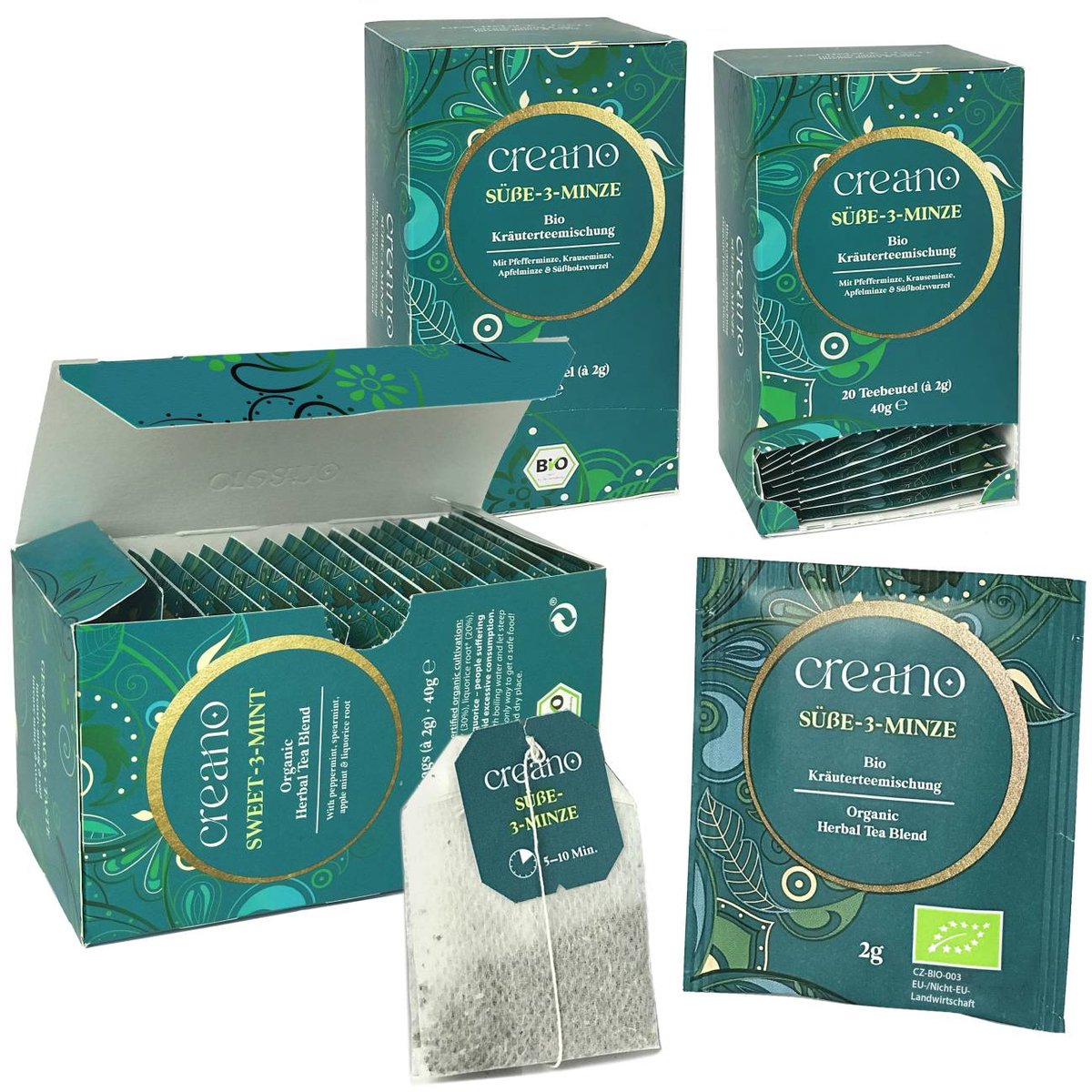 Creano biologische thee SWEET-3-MINT, kruidentheemelange, biologische theezakje theepakket van 3 (3x 20 zakjes) *¹
