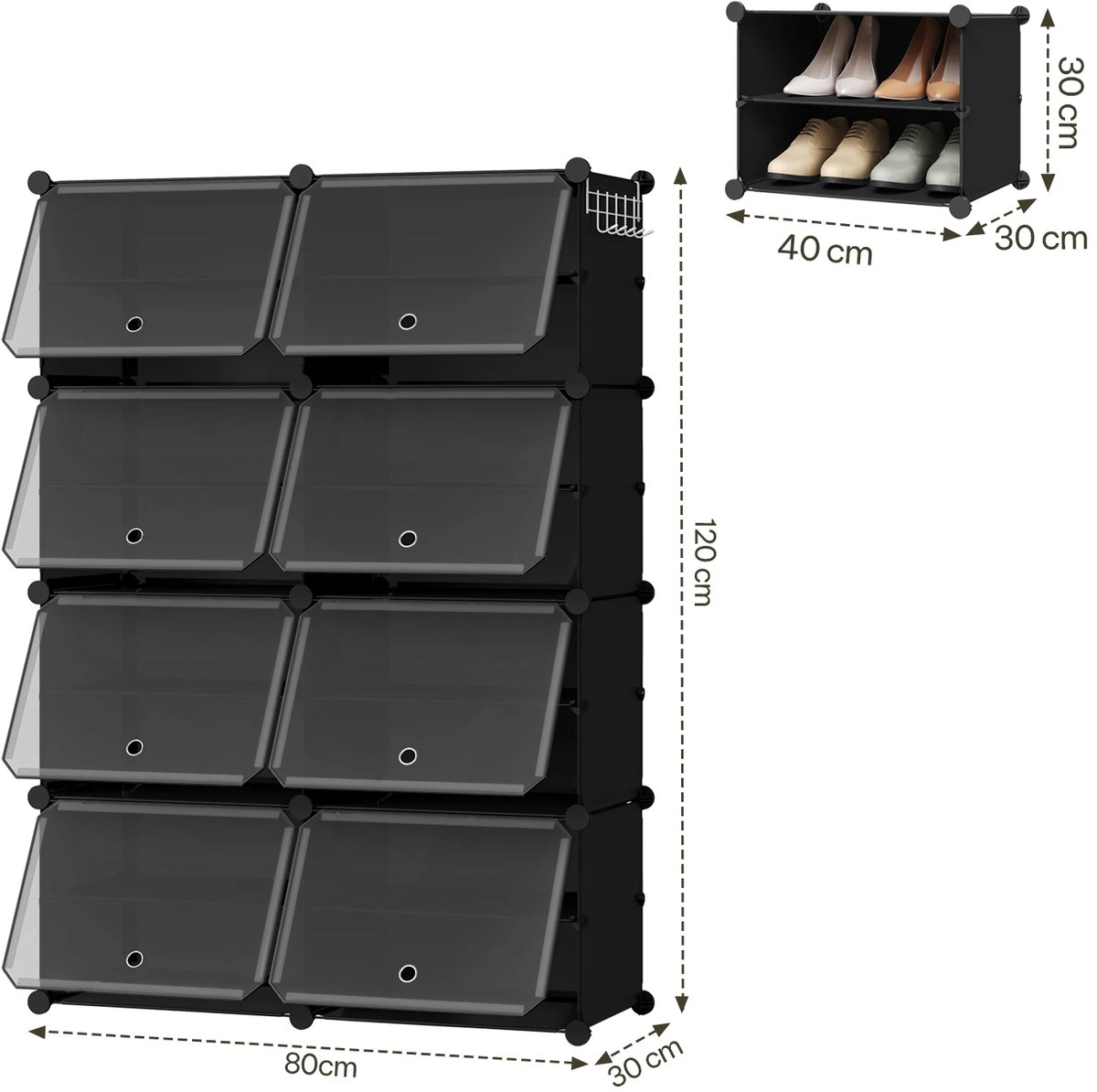 Klarven® Schoenenkast Wit 30x80x120cm - Modulair, Stapelbaar en Uitbreidbaar - Metalen Frame, 5 Haken, tot 32 Paar Schoenen - B 30 x D 80 x H 120 cm