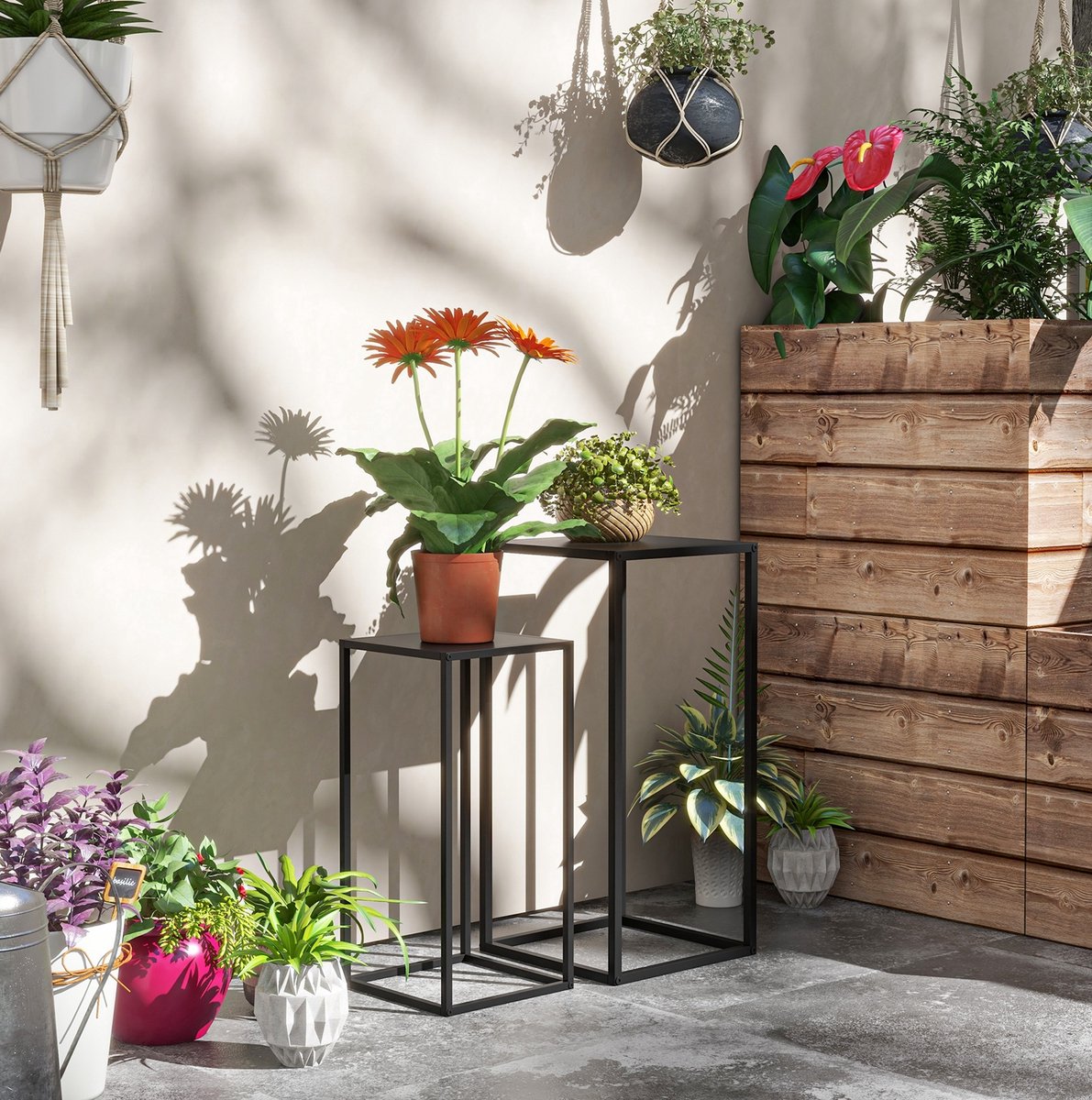 REDOM - Plantenstandaard - 2-delige set - Stalen frame - Minimalistische stijl - Voor binnen & buiten - Staal - Zwart - 31 x 31 x 65 cm