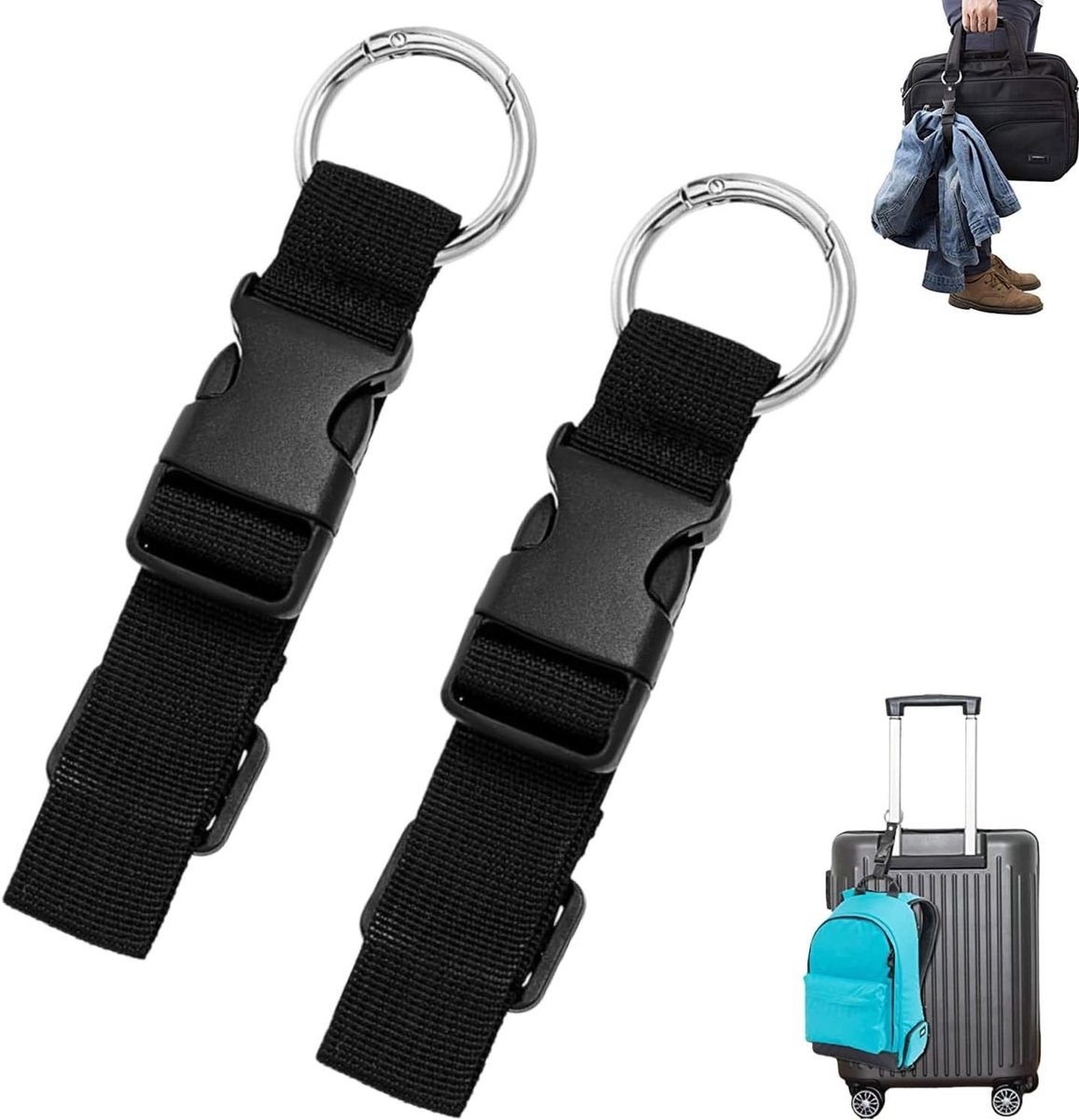 Verstelbare bagagebanden voor koffers en rugzakken, robuuste reisaccessoires voor handen vrij en jasdrager, set van 2 stuks (zwart)