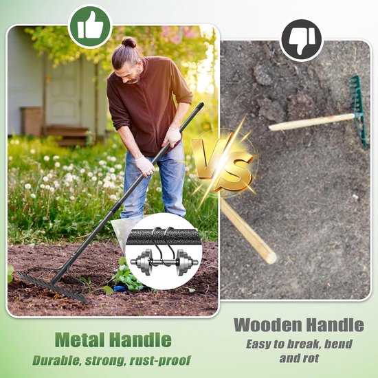 195 cm Tuinhark met 17 Tanden, Verstelbare Hark voor Grond, Bladeren en Grind, Stevige Tuinaccessoire — afbeelding 2