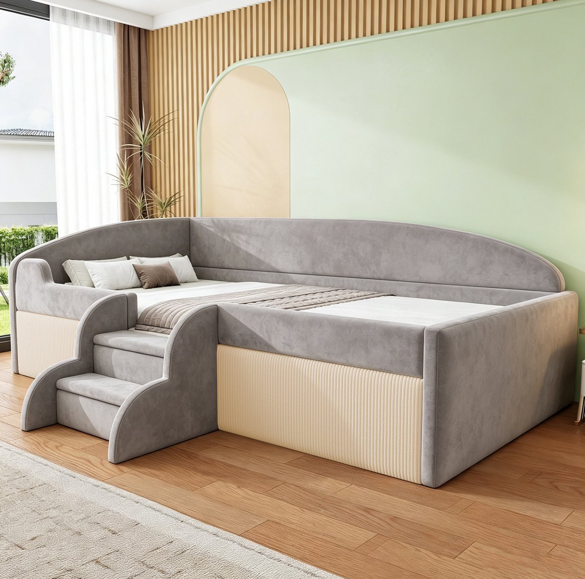 COVREO Kinderbed 90x190 cm grijs stof, met trap en veiligheidshek