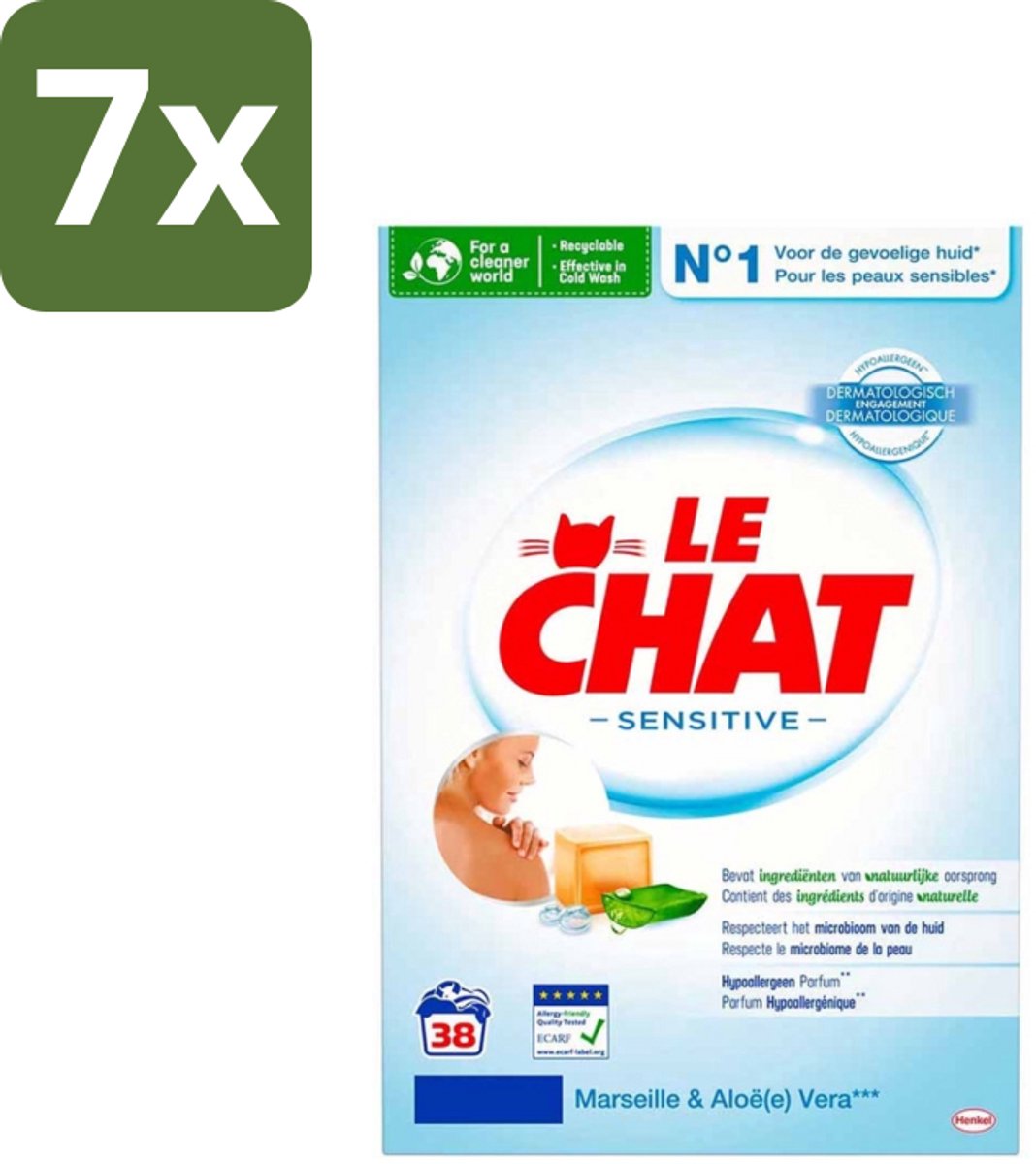 Le Chat – Waspoeder – Sensitive Marseille & Aloe Vera – 38 wasbeurten – 2,28 kg - Bulkverpakking - 7 stuks