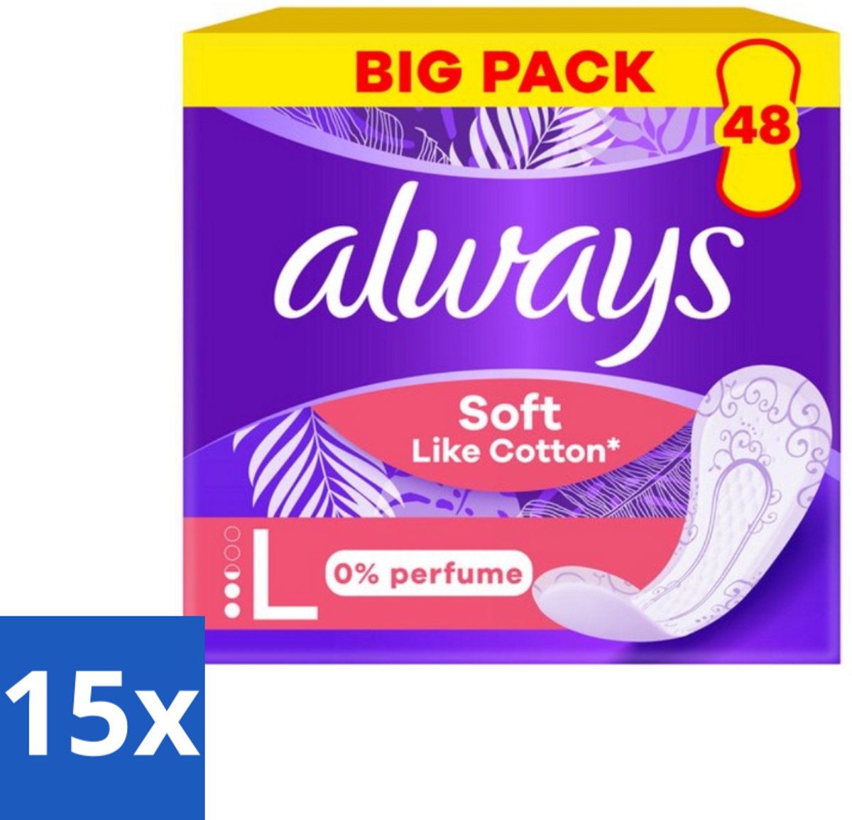 Always – Inlegkruisjes – Soft Like Cotton Long 0% Parfum – 48 Inlegkruisjes - Bulkverpakking - 15 stuks