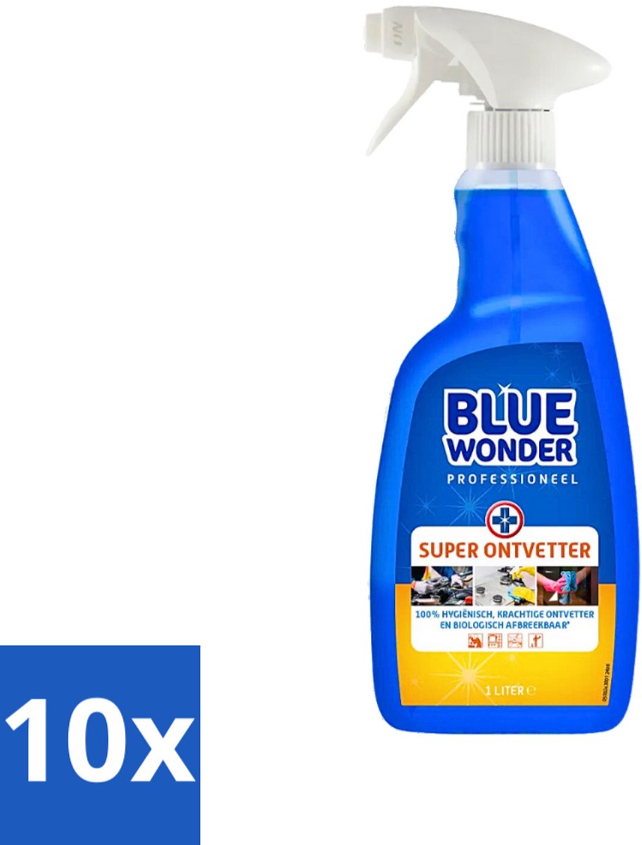 10 x Blue Wonder Professionele Superontvetter Spray 1 liter - Ontvettingsmiddel - Superontvetter - Keuken Reinigen - Badkamer Reinigen - Vet Verwijderen