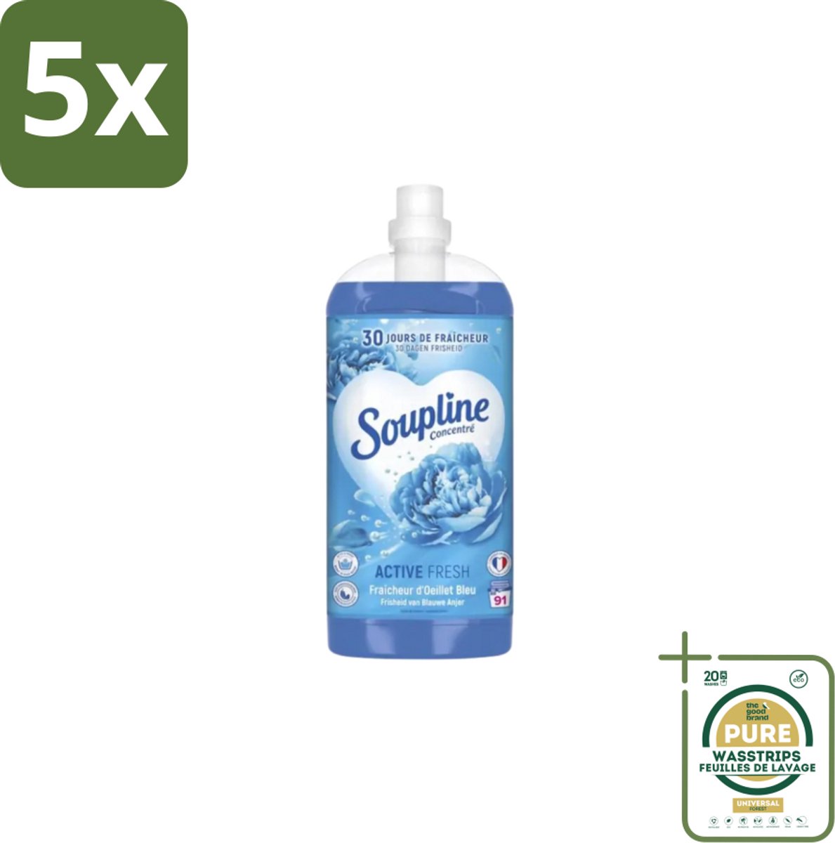 5 x Soupline – Wasverzachter – Active Fresh Frisheid van Blauwe Anjer – 2 L - Grootverpakking - Wasverzachter - Frisheid - Blauwe Anjer - Wasgoed - Kleding