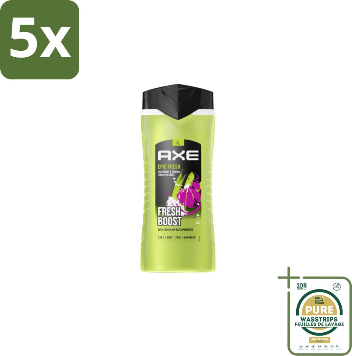 5 x AXE – Douchegel – Epic Fresh Fresh Boost 3-in-1 – 400 ml - Grootverpakking - Douchegel - Frisheid - Lichaam - Gezicht - Haar
