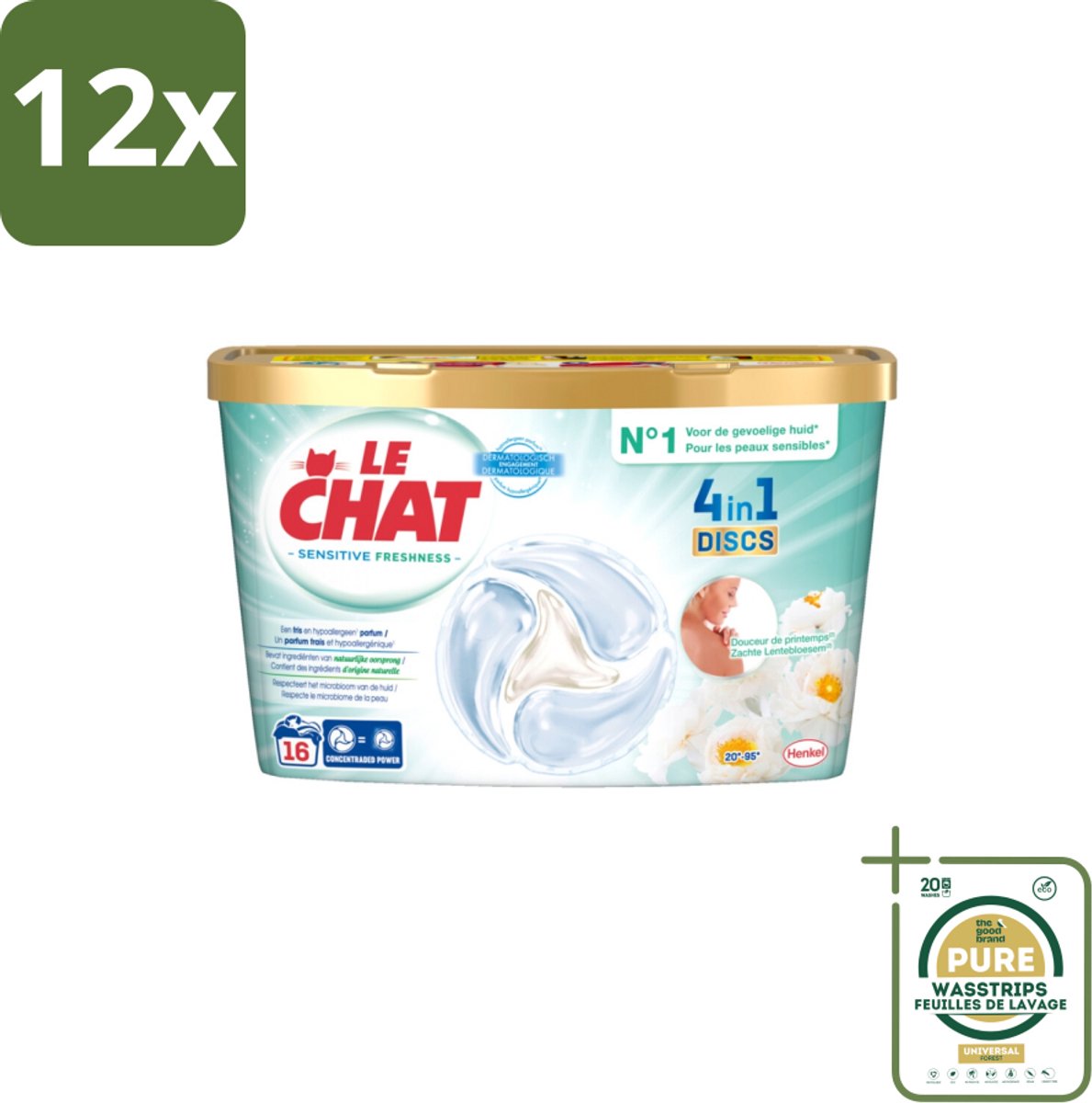 Le Chat – Wascapsules – Sensitive Zachte Lentebloesem – 16 wasbeurten - Voordeelverpakking - 12 stuks - Hypoallergenisch - Zachte geur