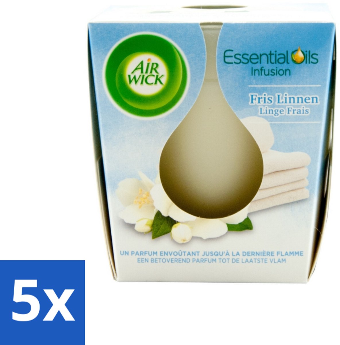 Air Wick – Geurkaars – Fris Linnen met Essentiële Oliën – 105 g - Bulkverpakking - 5 stuks