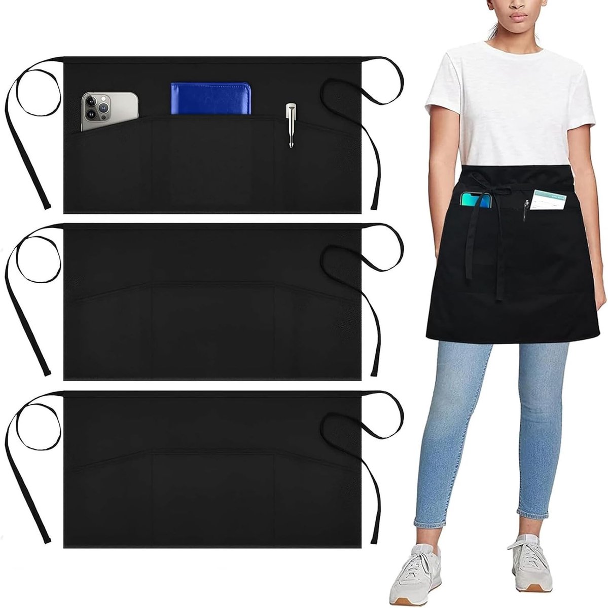 Professionele Schort voor Koken en Tuinieren, 3 Stuks Korte Schorten met 2 Zakjes voor Mannen en Vrouwen, Ideaal voor Serveersters en Schilders