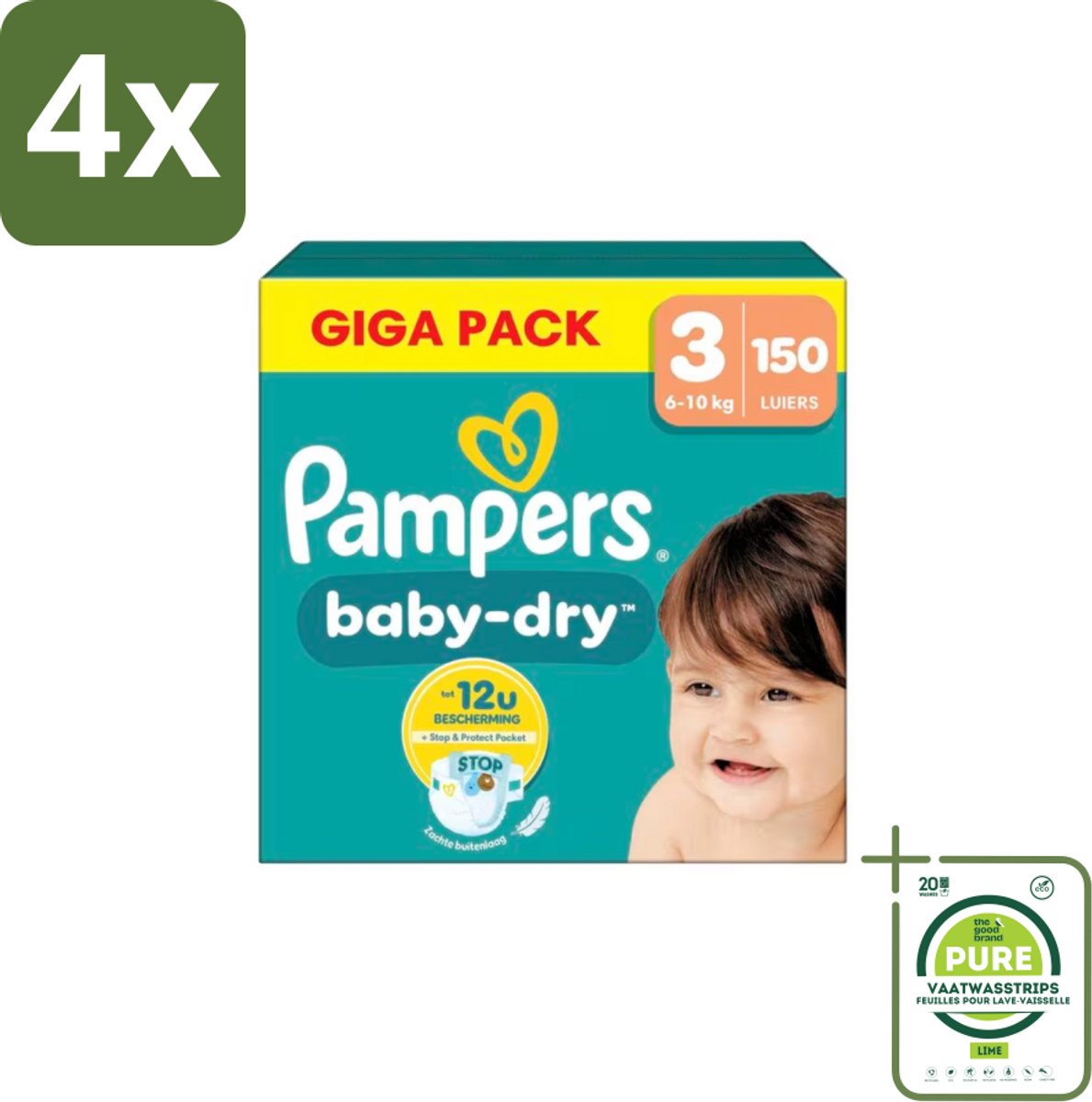 Pampers – Luiers – Baby Dry Maat 3 – 150 Luiers - Voordeelverpakking - 4 stuks - Baby-dry luiers - Lekken voorkomen