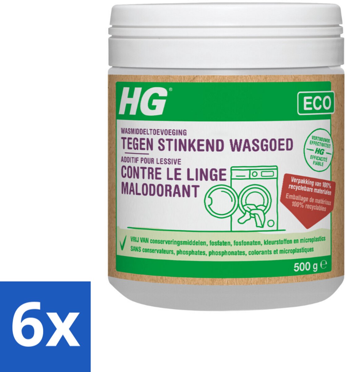 6 x HG Eco Wasmiddeltoevoeging tegen Stinkend Wasgoed 500 gr - Wasmiddel Toevoeging - Wasverzachter - Stinkend Wasgoed - Wasgeur - Ecologisch Wasmiddel