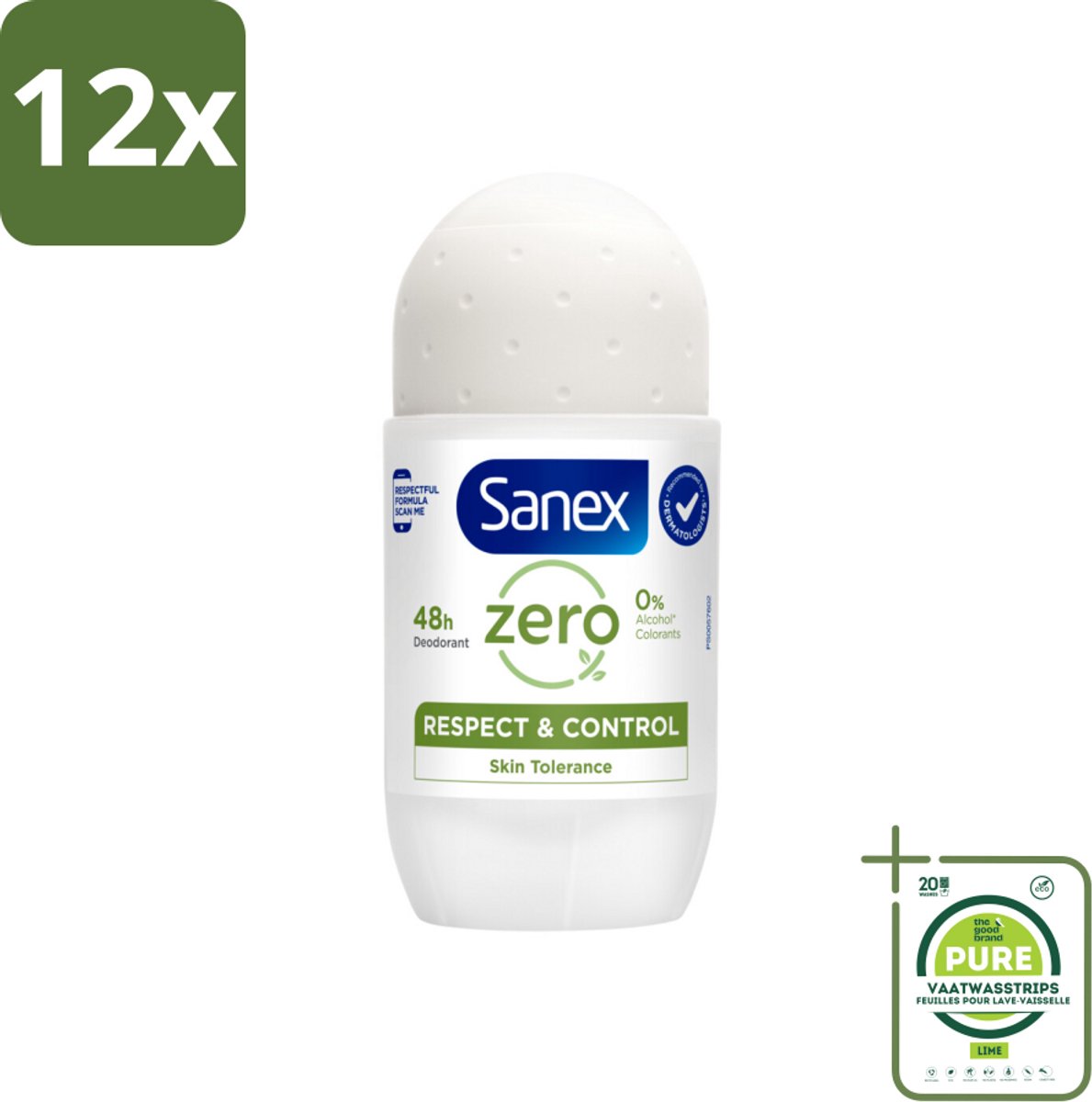 Sanex Deodorant Roller Zero% Normal Skin 50 ml - Voordeelverpakking - 12 stuks - 24 uur deodorant - Aluminiumvrije deodorant