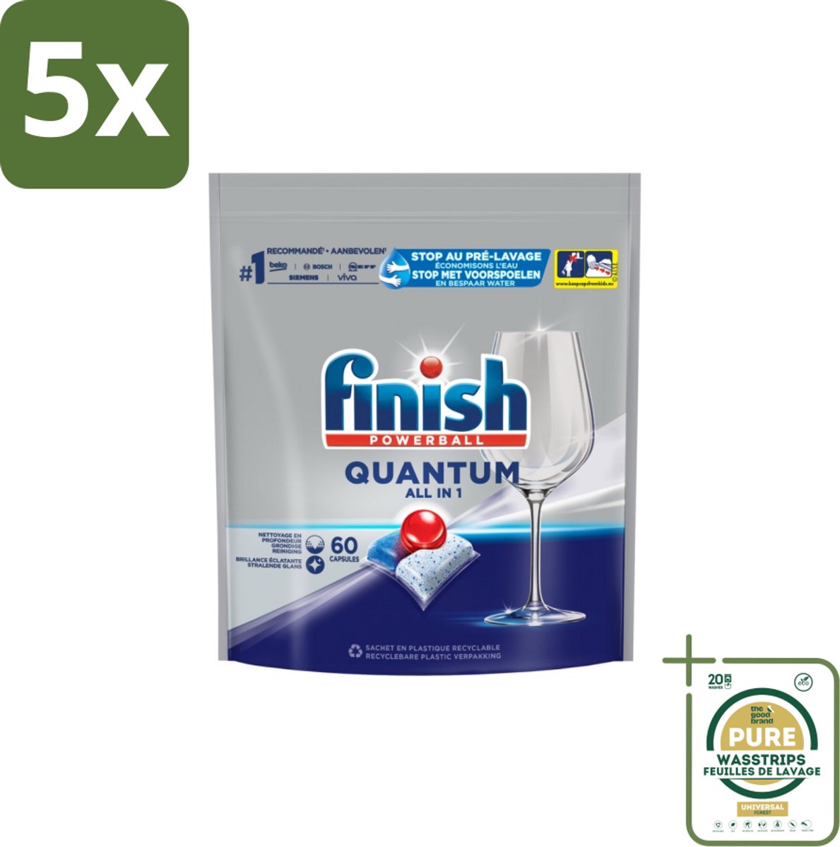 5 x Finish – Vaatwastabletten – Quantum All-in-1 – 60 Capsules - Grootverpakking - Vaatwastabletten - Vaatwassen - Reiniging - Glans - Vet Verwijderen