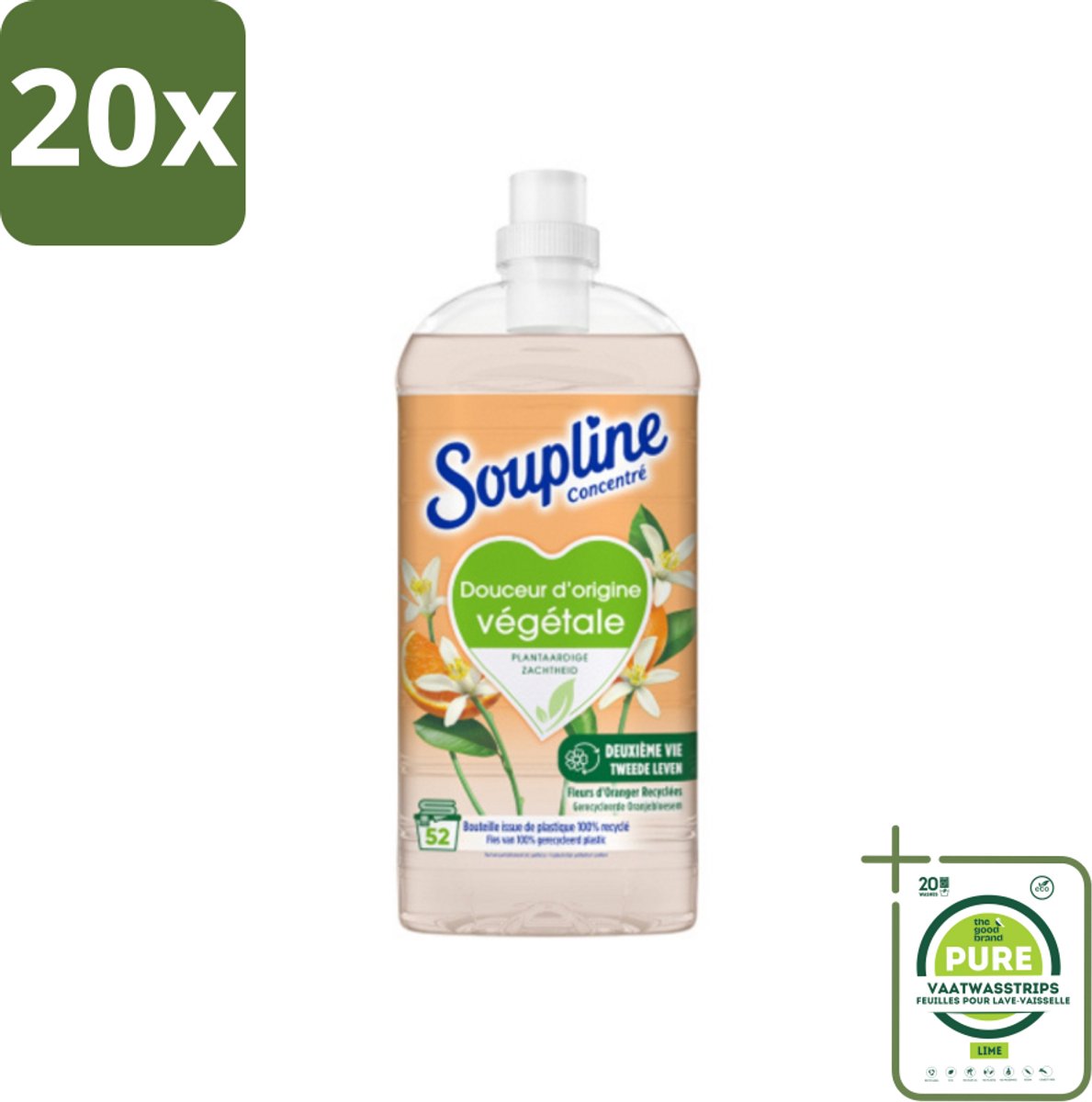 20 x Soupline - Wasverzachter - Oranjebloesem - 52 Wasbeurten - 1.3L - Grootverpakking - Wasverzachter - Plantaardige Wasverzachter - Wasverzachter Oranjebloesem - Zachte Was - Wasverzachter Biologisch