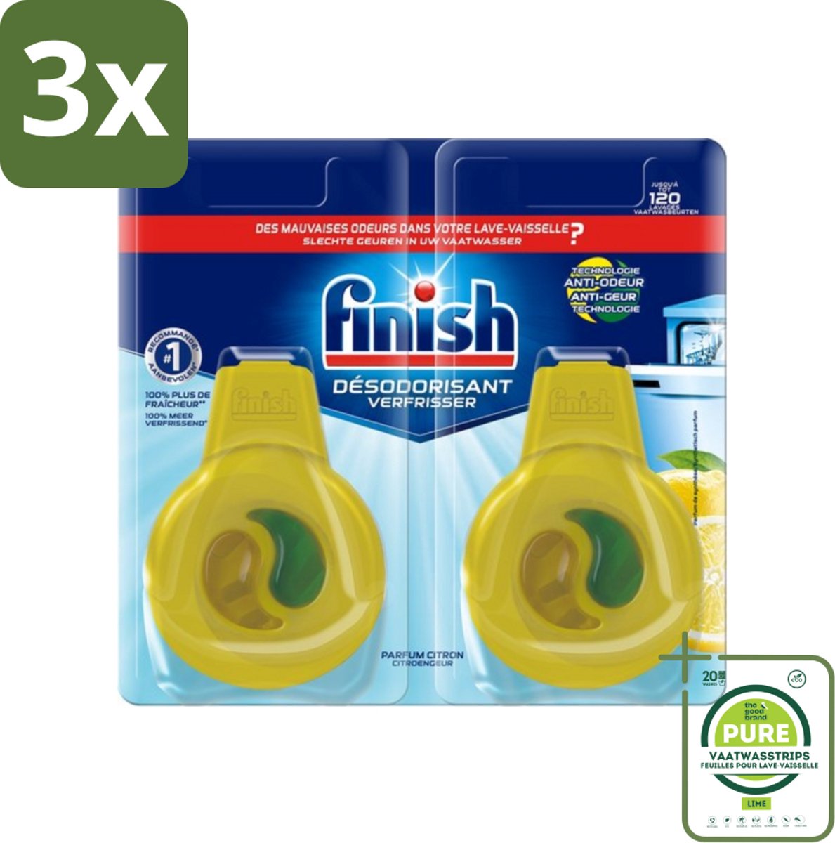 3 x Finish Deo Odorstop - Vaatwasverfrisser - Citroen Parfum - Anti-geur - Tot 120 Afwasbeurten - Grootverpakking - Vaatwasverfrisser - Anti-geur - Geurbeheersing - Citroen - Vaatwasser