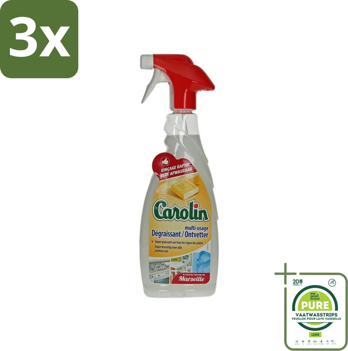 3 x Carolin - Keukenreiniger - Ontvetter - 650 ml - Grootverpakking - Keukenreiniger - Ontvetter - Marseillezeep - Vetvlekken Verwijderen - Hardnekkig Vuil