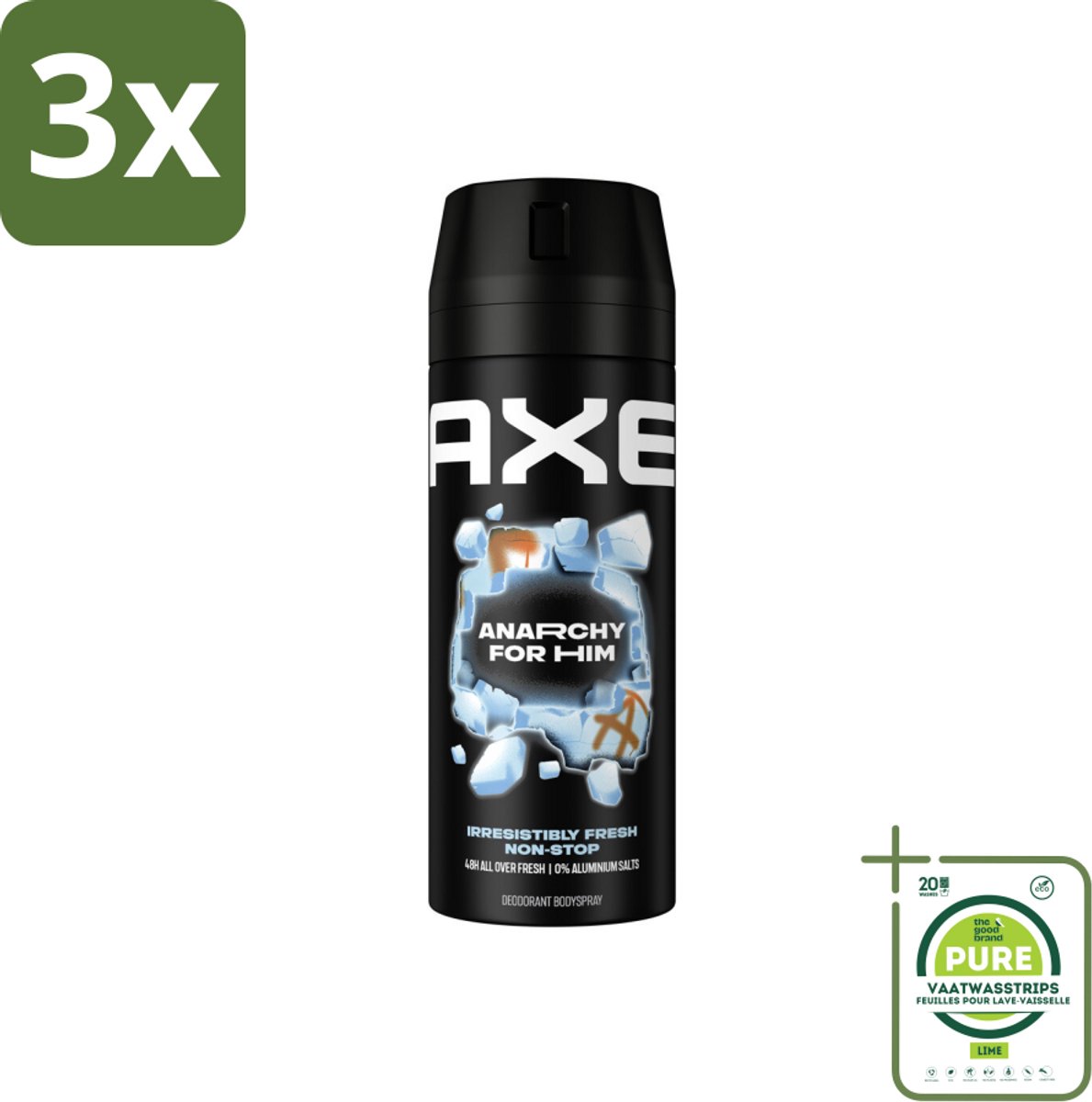 3 x Axe Deodorant Bodyspray Anarchy for Him 150 ml - Grootverpakking - Deodorant - Deodorant Spray - Axe Anarchy - Mannelijke Geur - Granaatappel