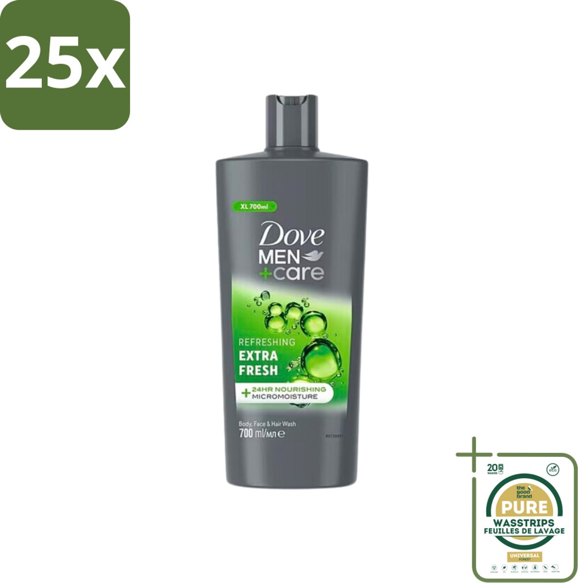 25 x Dove Men+Care - Extra Fresh - Douchegel 3-in-1 - Verzorgend - 700 ml - Grootverpakking - Douchegel Voor Mannen - Verfrissende Douche - Hydraterende Douche - Gezichtsproduct Voor Mannen - Haarproduct Voor Mannen