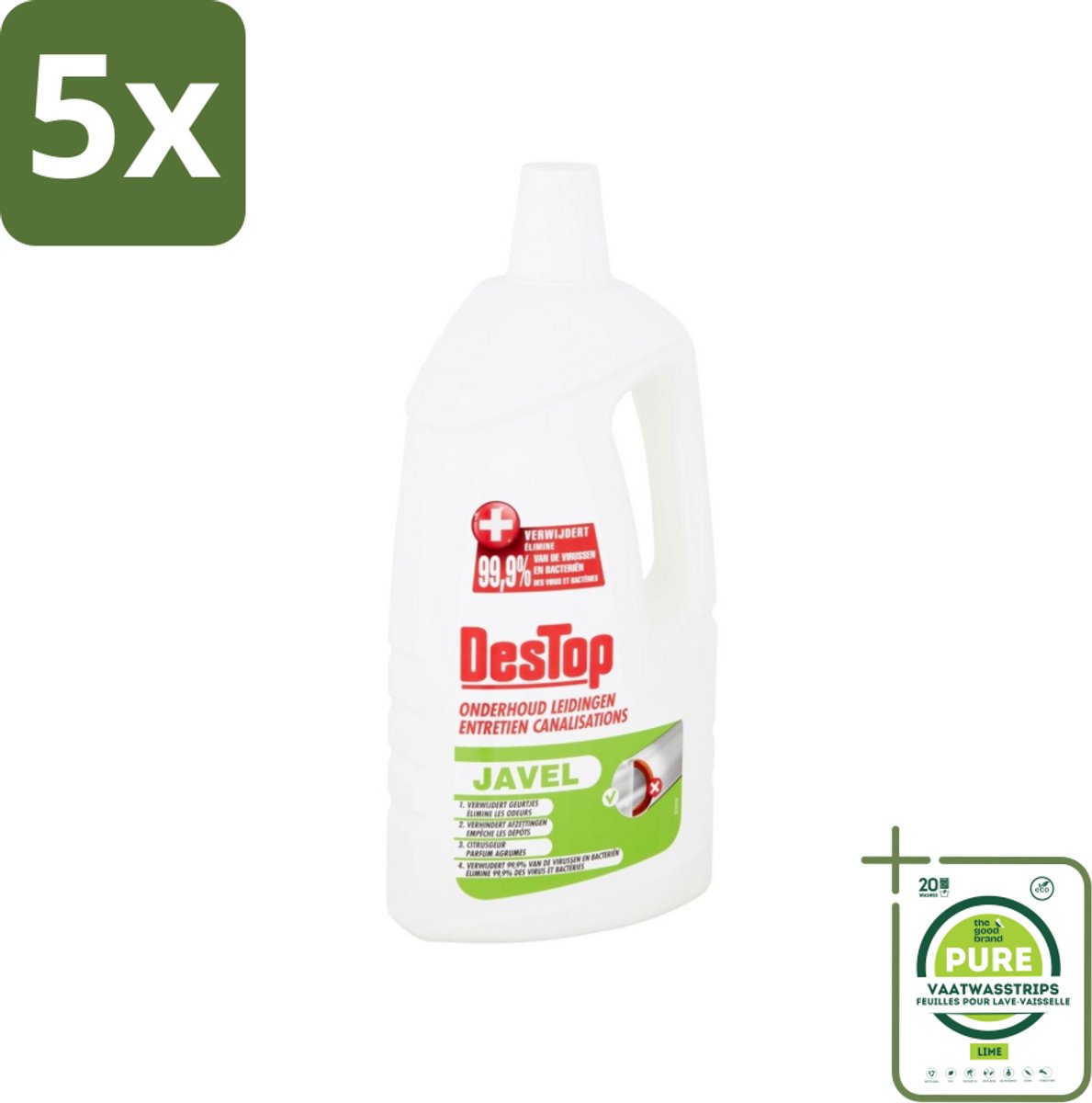 5 x DesTop - Onderhoud Leidingen - Javel - 4-in-1 Werking - Citroengeur - 1,5L - Grootverpakking - Riolering Schoonmaken - Leidingen Reinigen - Geur Neutraliseren - Afvoer Ontstoppen - Javel