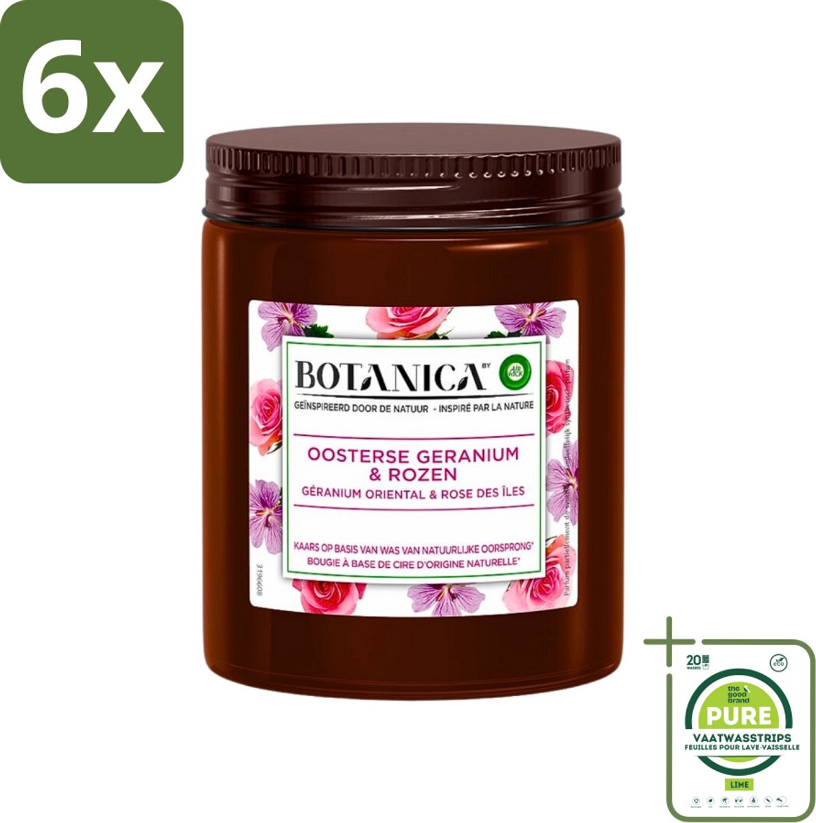 Botanica by Air Wick - Geurkaars - Geranium & Rozen - 40 Uur Brandduur - Voordeelverpakking - 6 stuks - Geurkaars - Botanica
