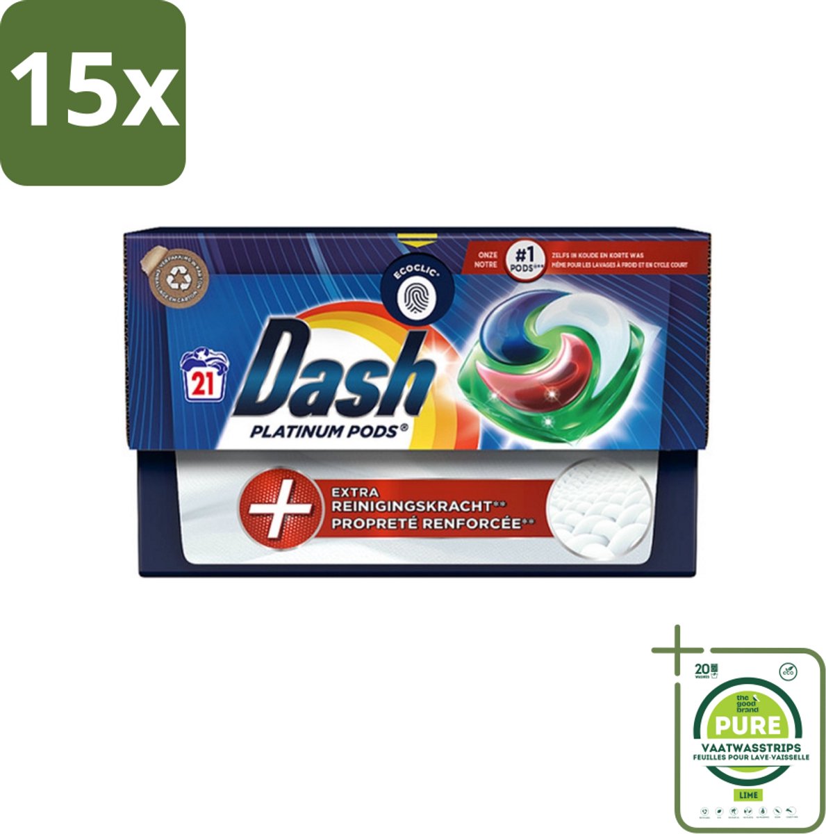 15 x Dash Platinum - Wasmiddel Capsules - Witte en Gekleurde Was - 21 Wasbeurten - Grootverpakking - Wasmiddel Capsules - Vlekkenverwijderaar - Waspoeder - Wasmiddel - Wascapsules