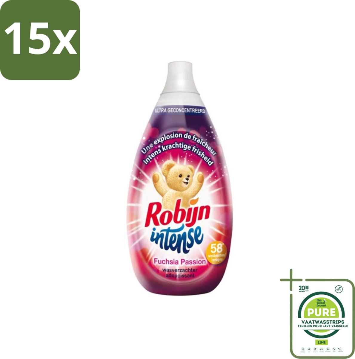 15 x Robijn Intense - Wasverzachter - Intense Fuchsia Passion - 870ml - 58 Wasbeurten - Grootverpakking - Wasverzachter - Fuchsia Passion - Geur - Frisheid - Zomerbloemen