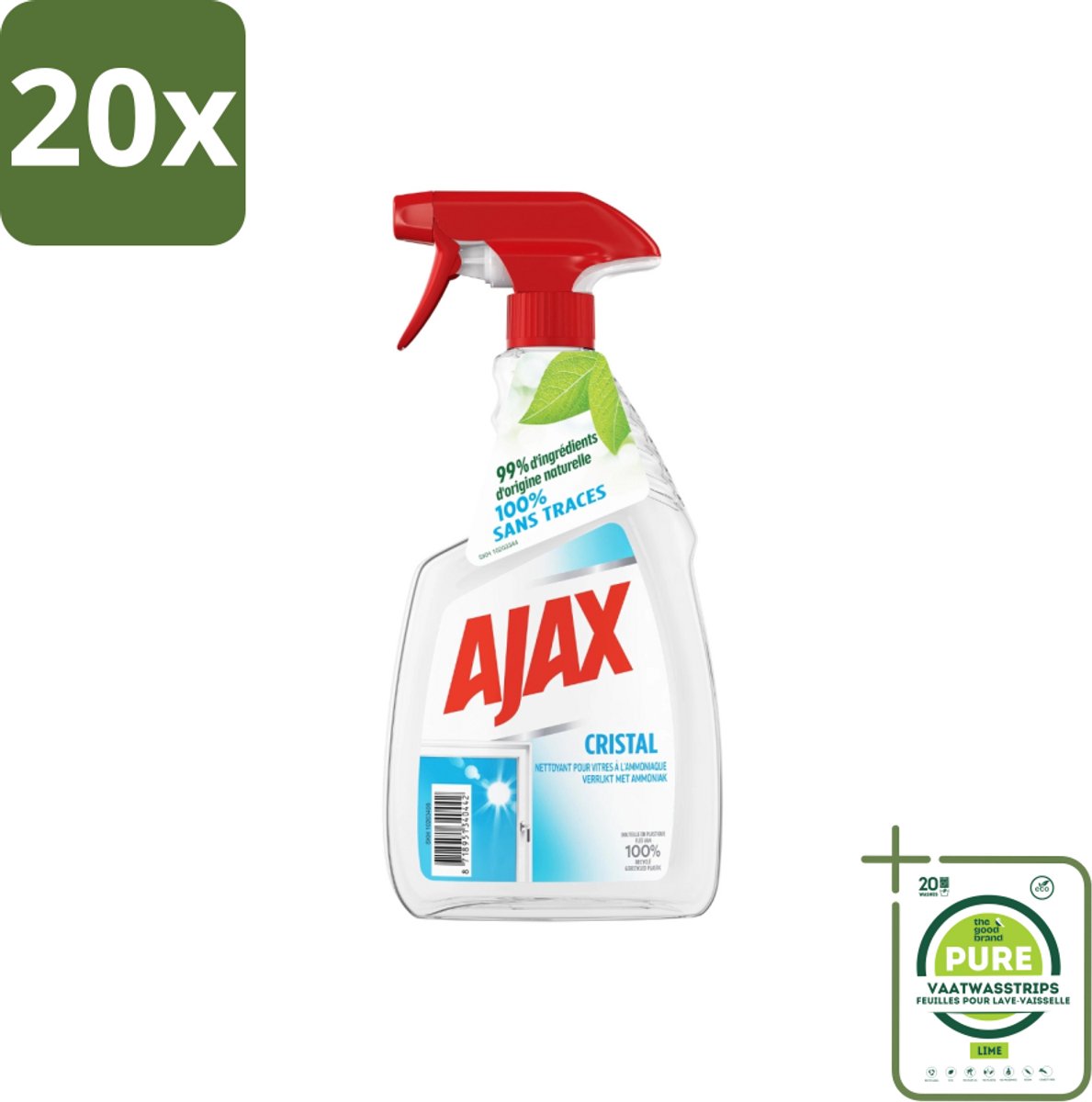 20 x Ajax - Ruitenreiniger - Cristal - Spray Met Ammoniak - 750 ml - Grootverpakking - Ramenreiniger - Ruitenreiniger - Ammoniak - Streeploos - Glasreiniger
