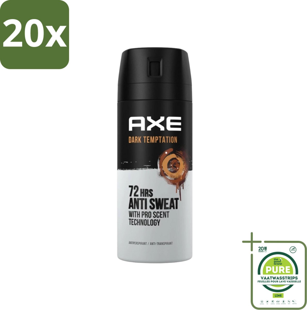 20 x Axe - Deodorant Spray - 72hrs Anti Sweat - Dark Temptation - 150 ml - Grootverpakking - Anti-transpirant - Deodorant - Axe Dark Temptation - Chocolade Geur - Kruiden Geur