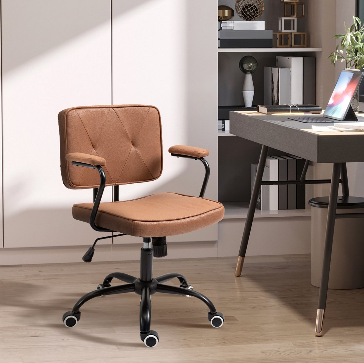 REDOM - Bureaustoel - Hoogteverstelbaar - Wippfunctie - Met vaste armleuningen - Retro stijl - Home office - Stof - Bruin - 61 x 58 x 91 cm