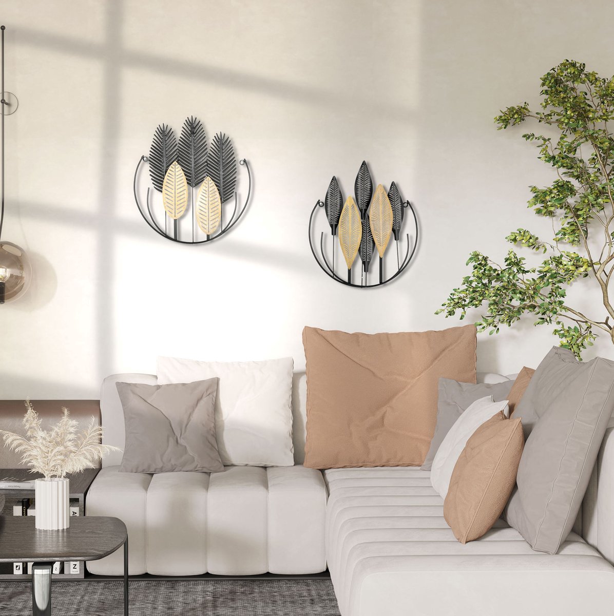REDOM - Wandpaneel - 3D wanddecoratie met bladeren - Met wandbevestiging - Modern - Voor binnen - Metaal - Zwart en Goud - 40 x 46 cm