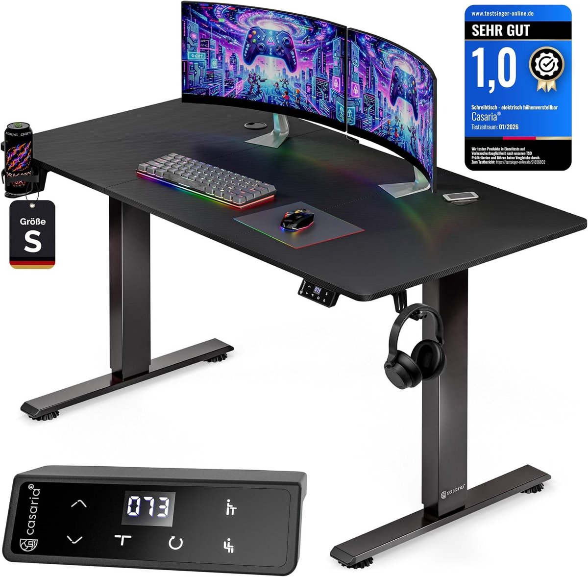 Gaming Bureau Elektrisch Verstelbaar - Zit-Sta Bureau met Draadloze Oplader, USB-A en USB-C - Hoogteverstelling 72-117 cm - Ergonomisch Computerbureau - Met Kabelmanagement en Accessoires - Carbon Look