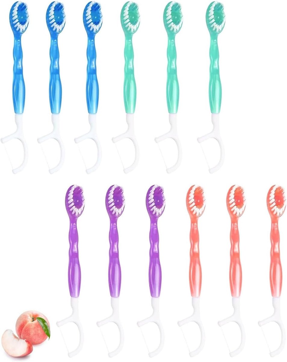 Set van 12 Wegwerp Tandenborstels voor Reizen met Tandpasta, Tongschraper en Tandenstoker, Mini Tandenborstel voor Gevoelige Tanden en Tandvlees, Ideaal voor Op Reis